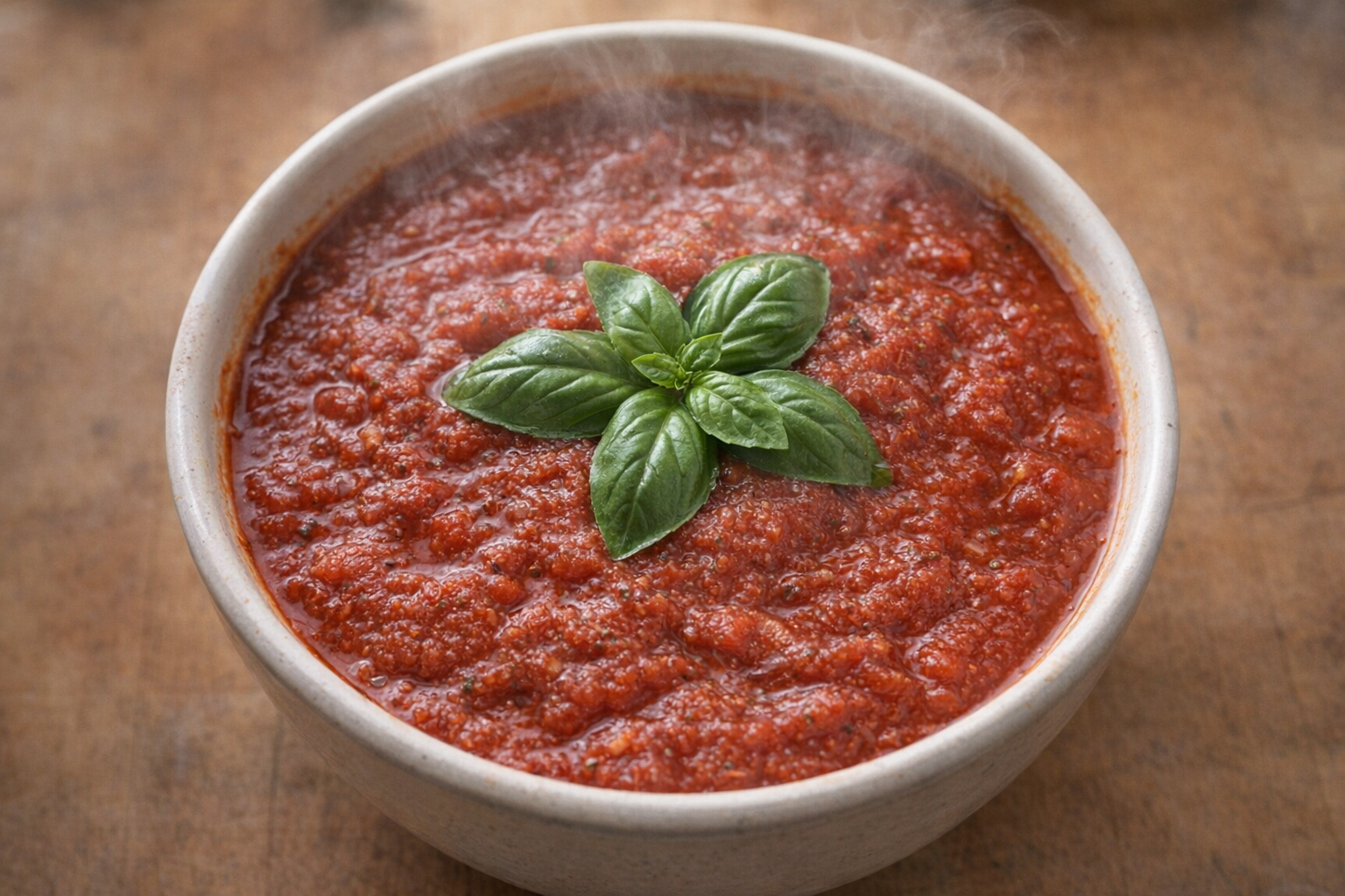 A vibrant bowl of homemade marinara sauce, garnished with fresh basil, steaming gently, studio lighting, overhead shot